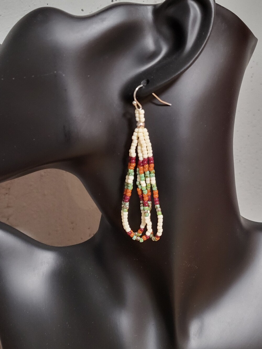 Handmade Multicolor Seed Bead Loop Earrings Cream, Browns, and Picasso Turquoise